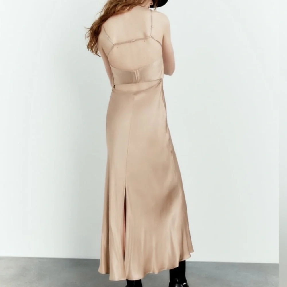 Zara Beige Satin Slip Dress - Picture 4 of 8